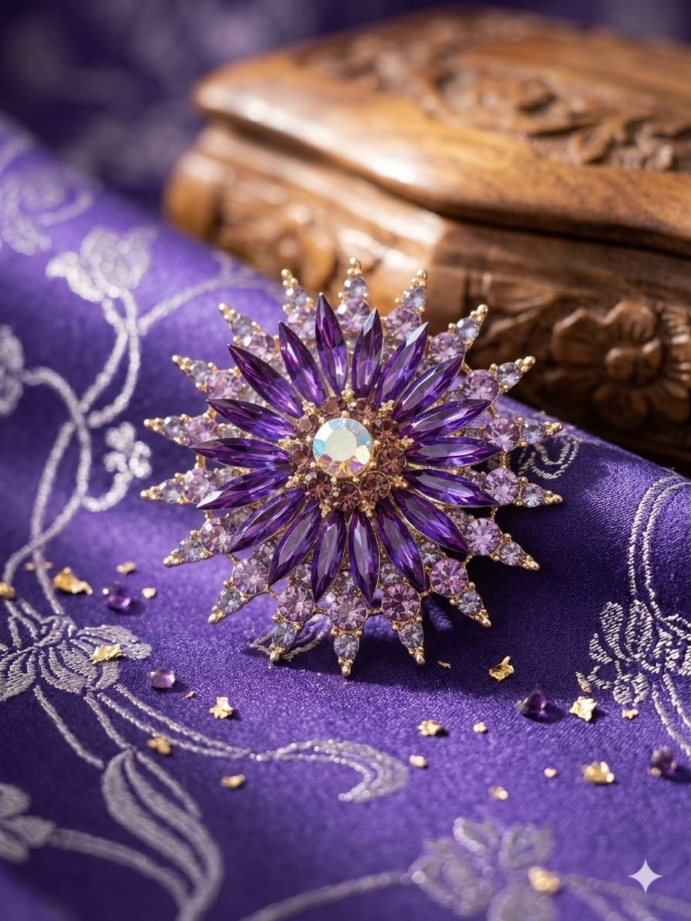 Purple Crystal Sunburst Brooch - Elegant Women's Jewelry NWOT